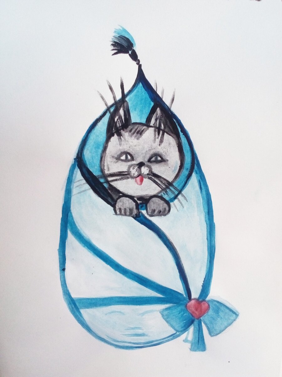Рисунк автора. Кот  в одеяле