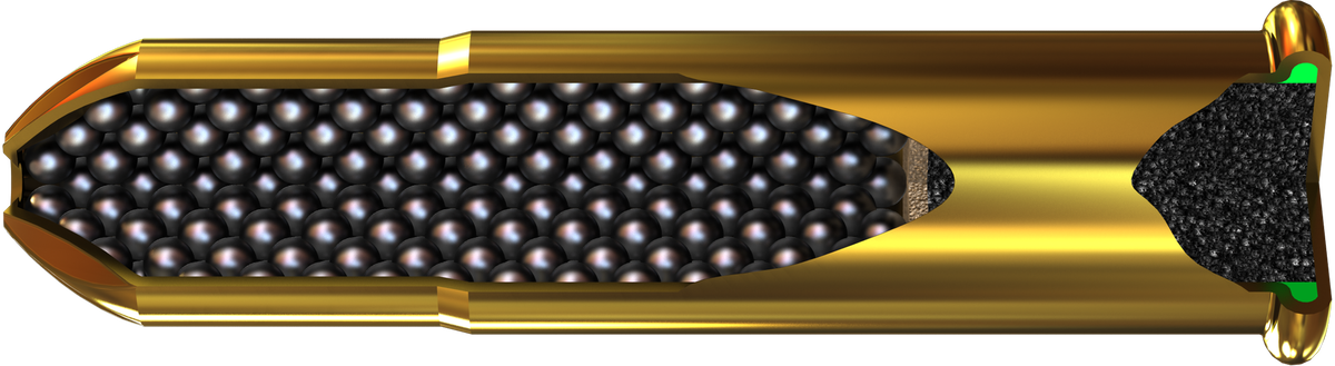 Устройство подобного патрона в разрезе. Рисунок из рекламных материалов фирмы Winchester. Обратите внимание на наличие миниатюрной прокладки-пыжа между порохом и дробью. Всё как у "старших" братьев.