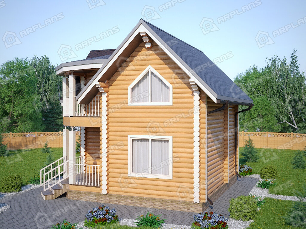 Фото 2 деревянного двухэтажного дома из бревна с мансардой, 2 спальнями, балконом, сауной и террасой. Общая площадь 80 кв м. Источник arplans.ru Проект ДО-069