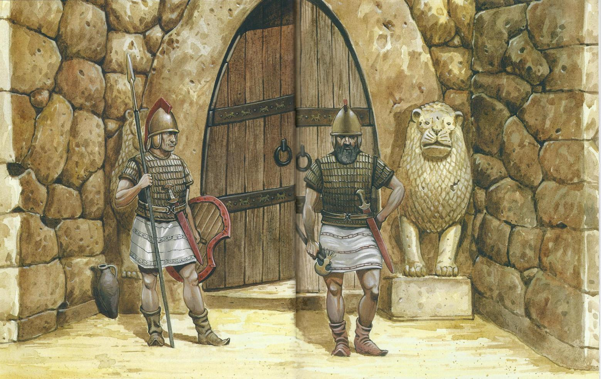 Хеттские воин (слева) и офицер у ворот Хаттусы ок.1400г до н.э.