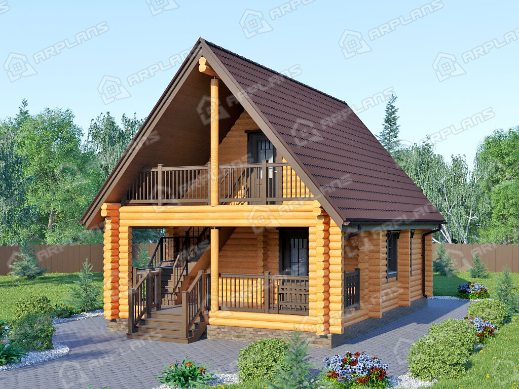 Фото 1 деревянного двухэтажного дома из бревна с мансардой, 2 спальнями, балконом и террасой. Общая площадь 97 кв м. Источник arplans.ru Проект ДО-096