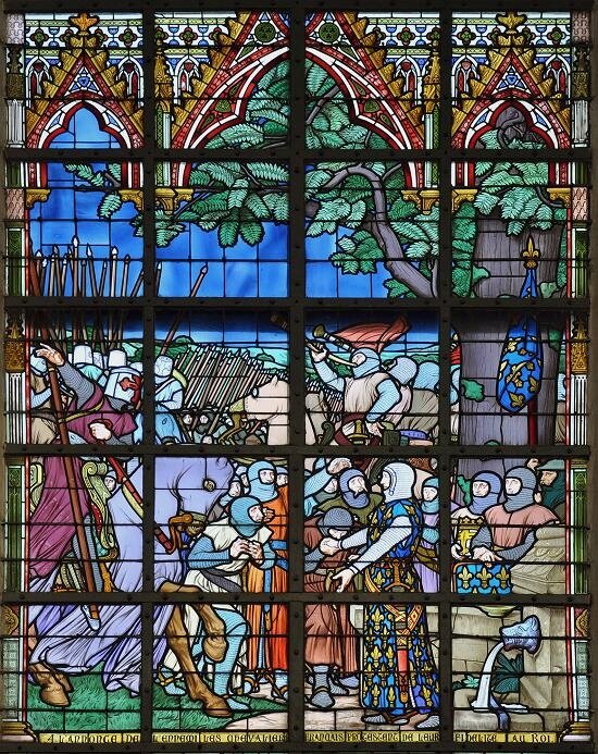 Король Филипп и его сеньоры. Витраж из Церкви Святого Петра в Бувине. Современное состояние.