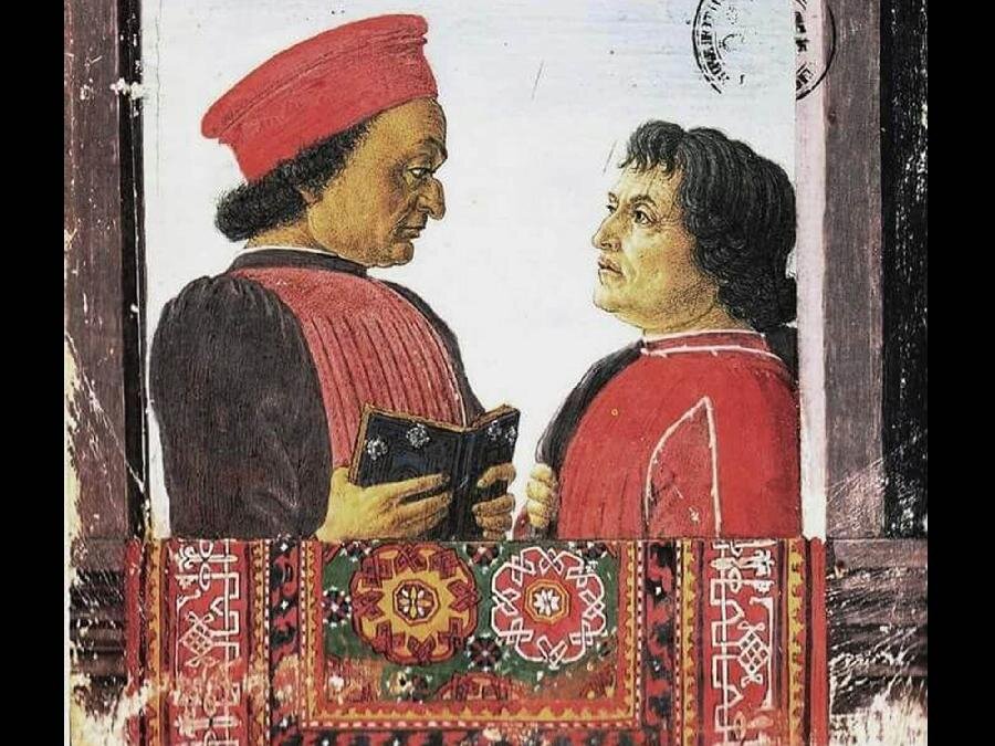 Сандро Боттичелли: Потрет Федериго Монтефельтро и писателя-гуманиста Христофоро Ландино. Ок. 1460. Ватиканская библиотека.