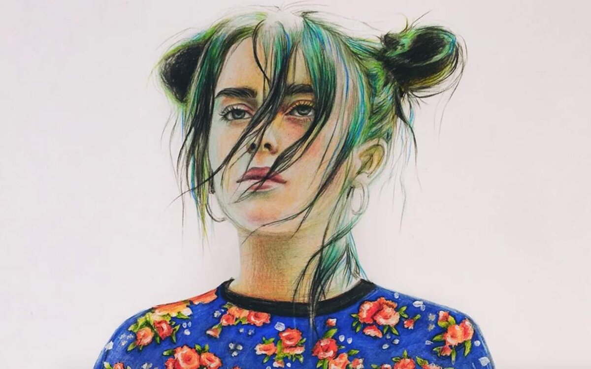 Портрет поп-певицы Билли Айлиш, нарисованный Анастасией Ковтун