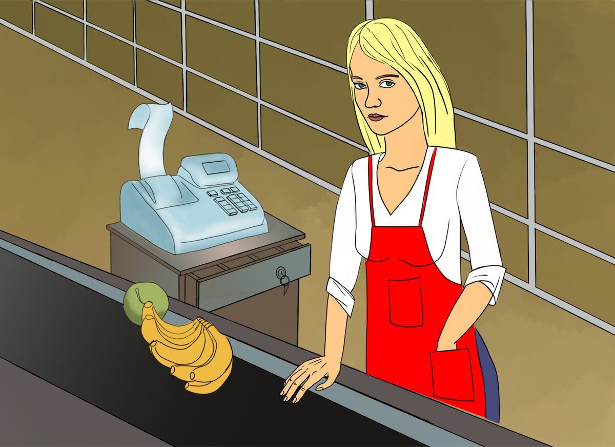 Аня работает на кассе. Иллюстрация Марии Глушак .