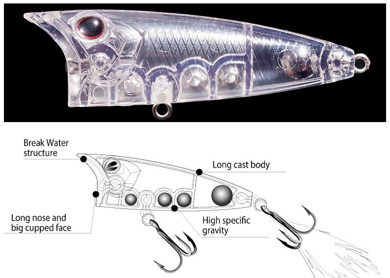 Центр тяжести воблера поппера Louder 60 формируется положением внутри корпуса шариков погремушек и расположен сзади, что увеличивает точность заброса. 