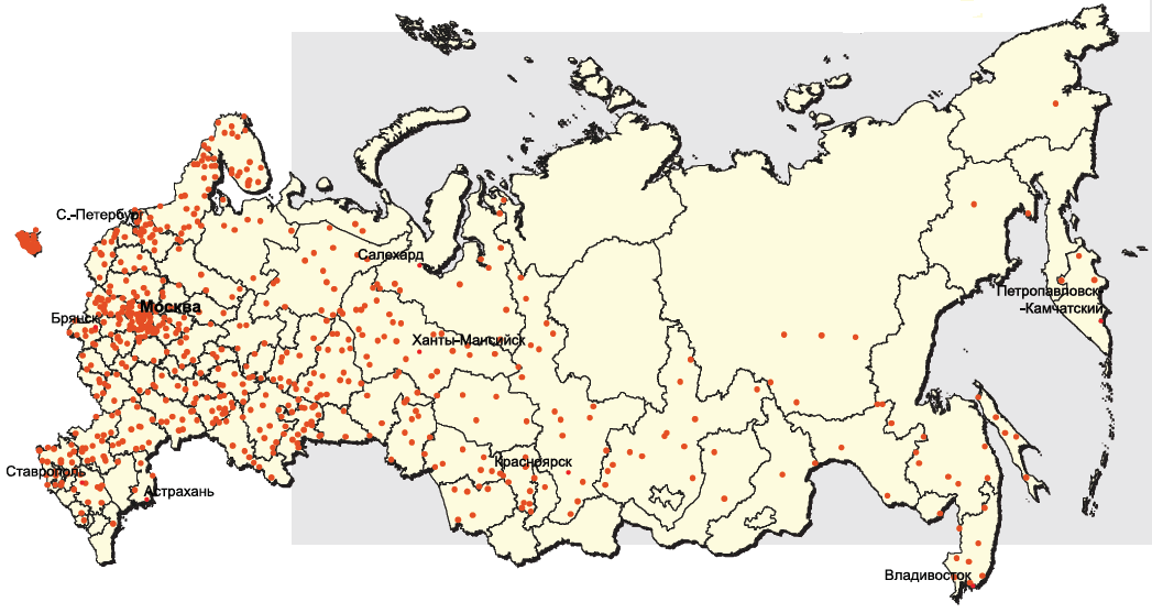 Городское расселение белорусов в 2010 г., 1 точка равна 500 чел. (по Черкасову А.А., 2016) 