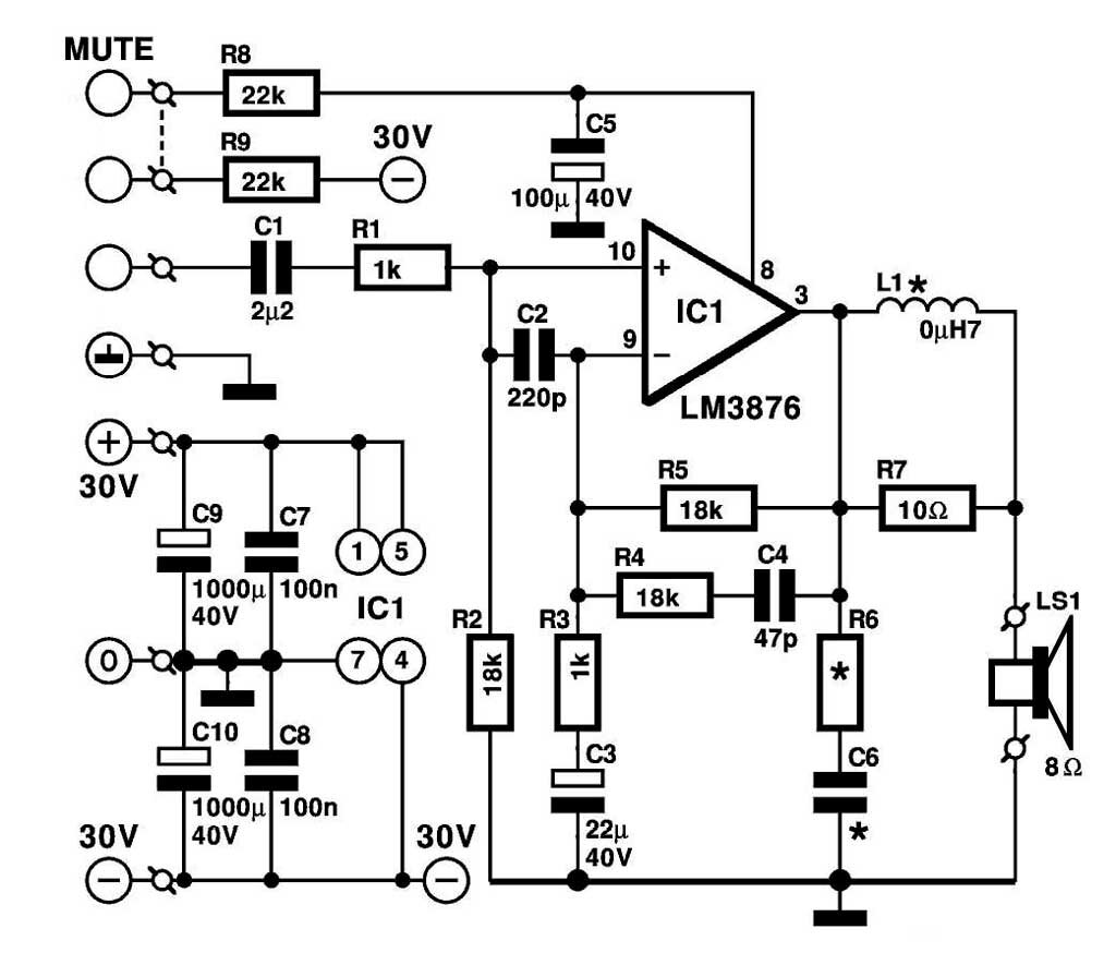 Схема усилителя на микросхеме LM3876