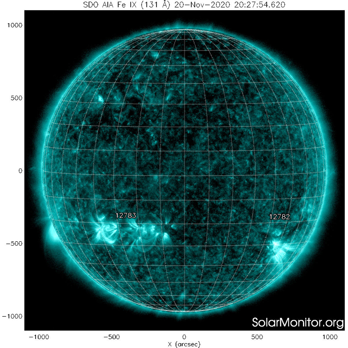 Вспышка на Солнце 20 ноября 2020 года в УФ излучении (линия  железа IX -  131 ангстрем). 