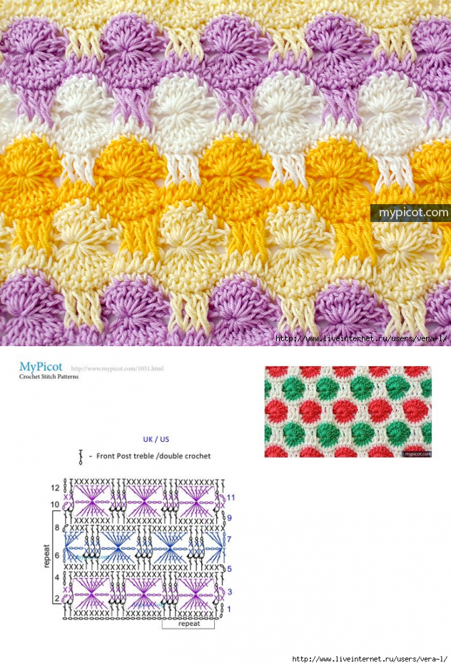 Многоцветные узоры крючком со схемами