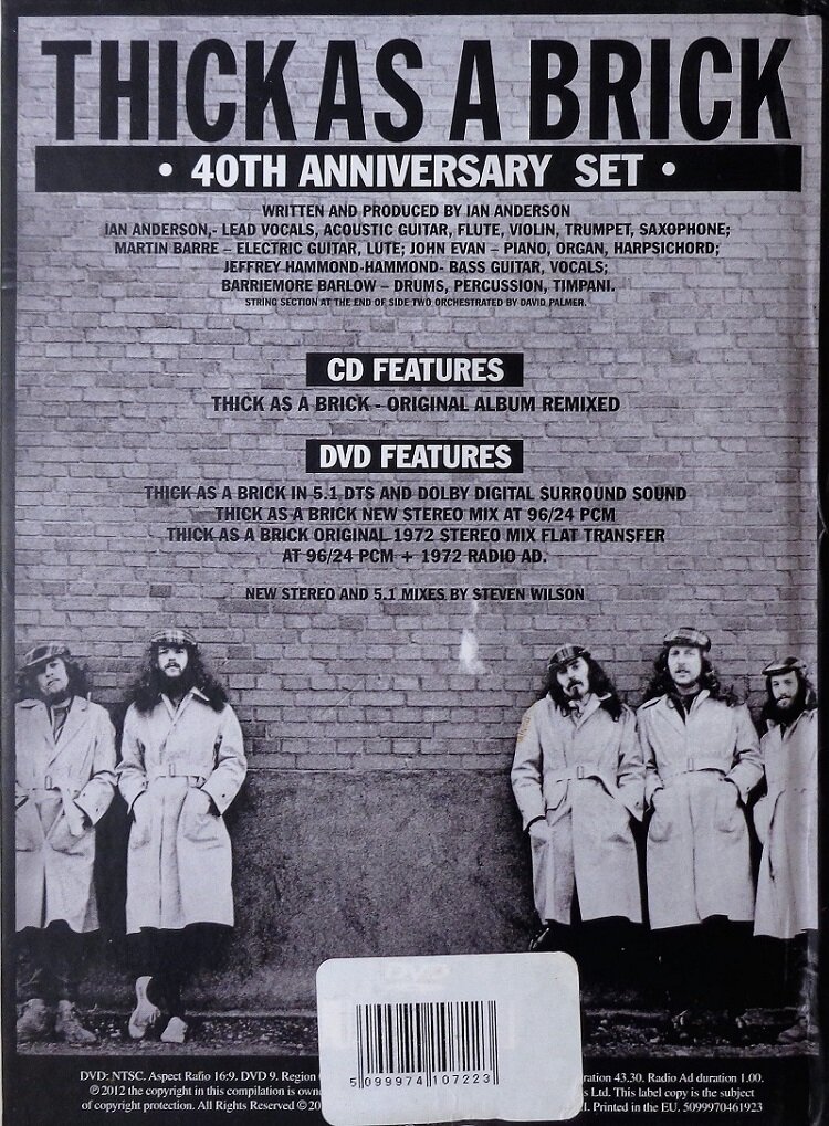 Jethro Tull "Thick As A Brick " DVD + CD tracklist 