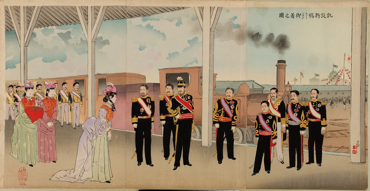 "Прибытие наследного принца на станцию Сибаси", Кобаяси Киётика, 1890. (сс) Wikimedia Commons