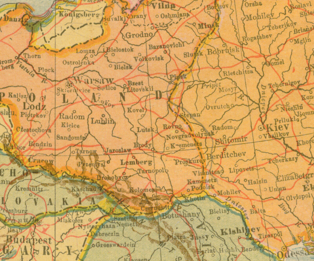 Согласно карте, Тирасполь находится в границах России, а Лемберг (Львов), Минск, Вильно (Вильнюс) и Гродно – в Польше.