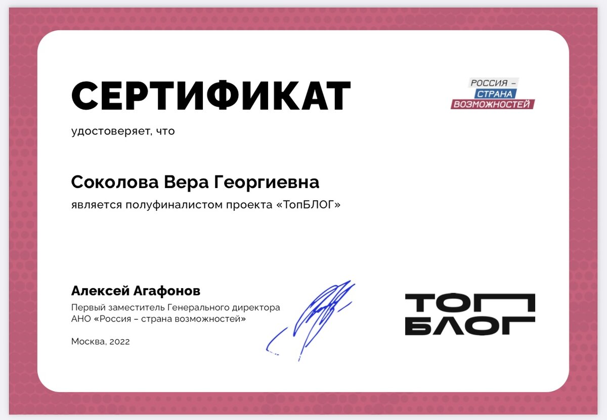 Сертификат проекта ТопБлог