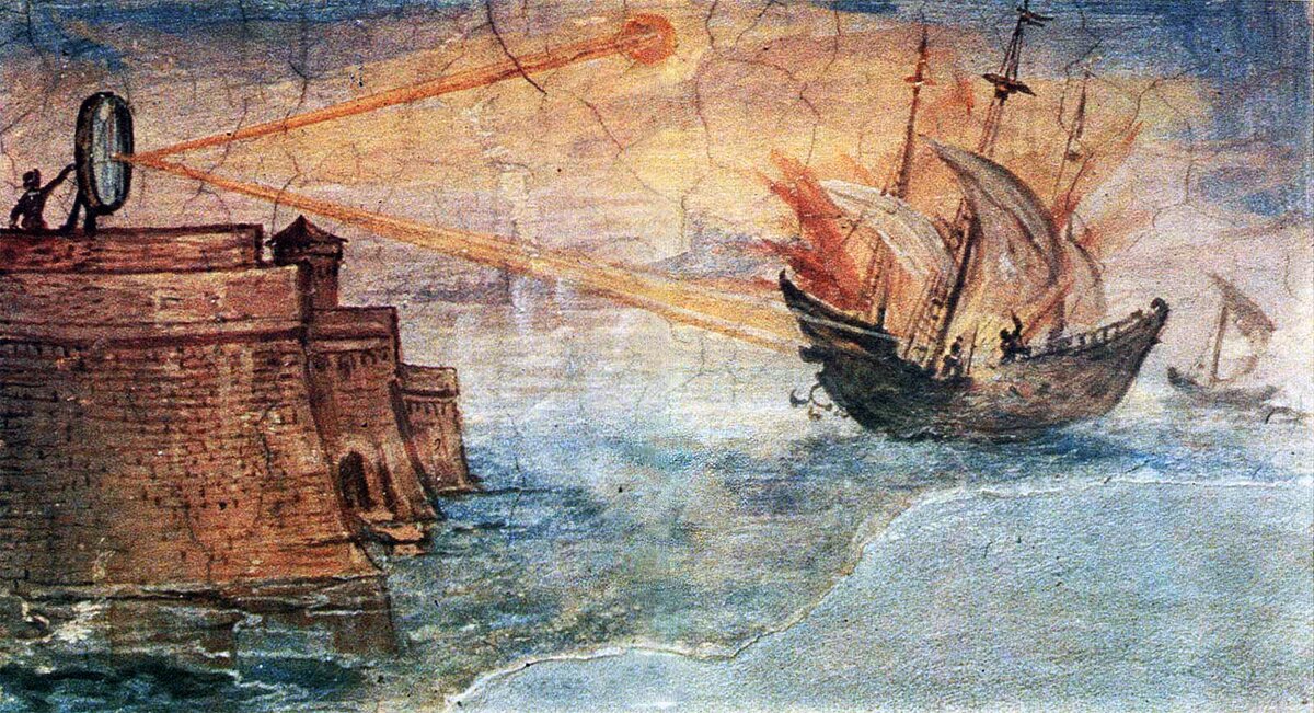 Зеркало Архимеда сжигает римские корабли. Картина Джулио Парижи. Между 1599 и 1600 гг. https://commons.wikimedia.org/wiki/File:Archimedes-Mirror_by_Giulio_Parigi.jpg?uselang=ru. Общественное достояние