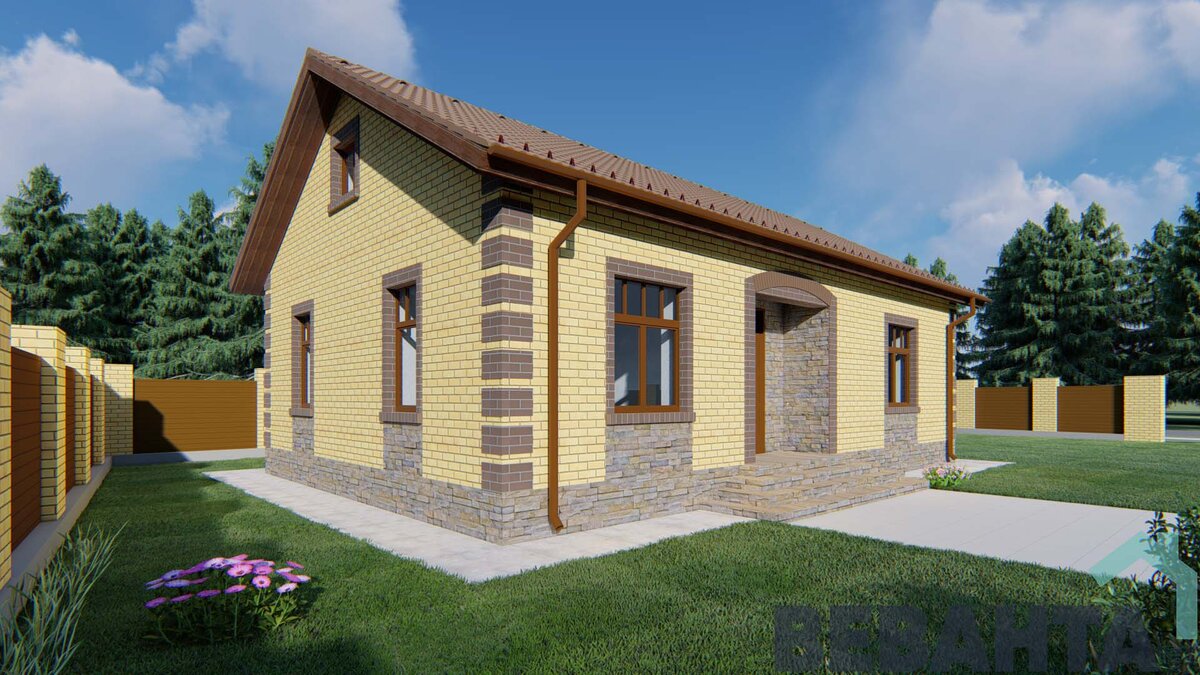 Главный фасад дома. Отделка - керамический кирпич+камень "Серицит"