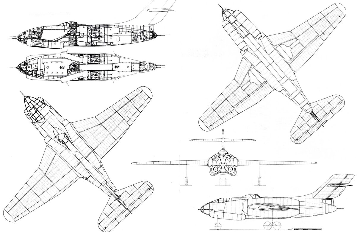 Схема бомбардировщика Су-10 с шестью двигателями. Вариант первый.