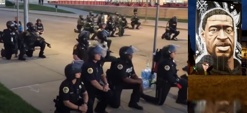 Коллективное стояние на коленях полицейских в США и портрет Джорджа Флойда