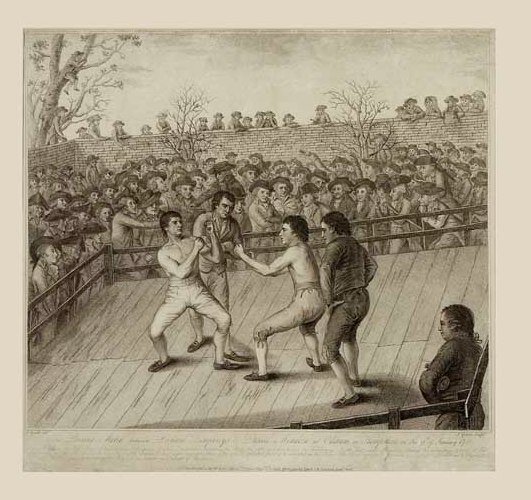 Гравюра 18 века. Боксеры действубт без перчаток.