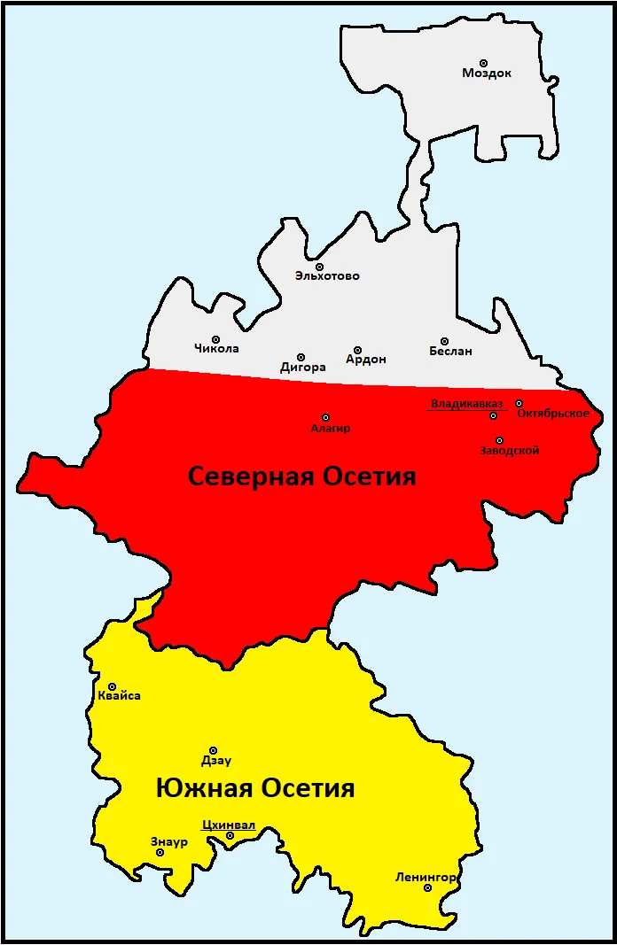 Протяженность южной осетии с россией. Южная Осетия и Северная Осетия на карте. Северная Осетия-Алания на карте России. Карта Республики Северная Осетия Алания. Северная и Южная Осетия на карте.