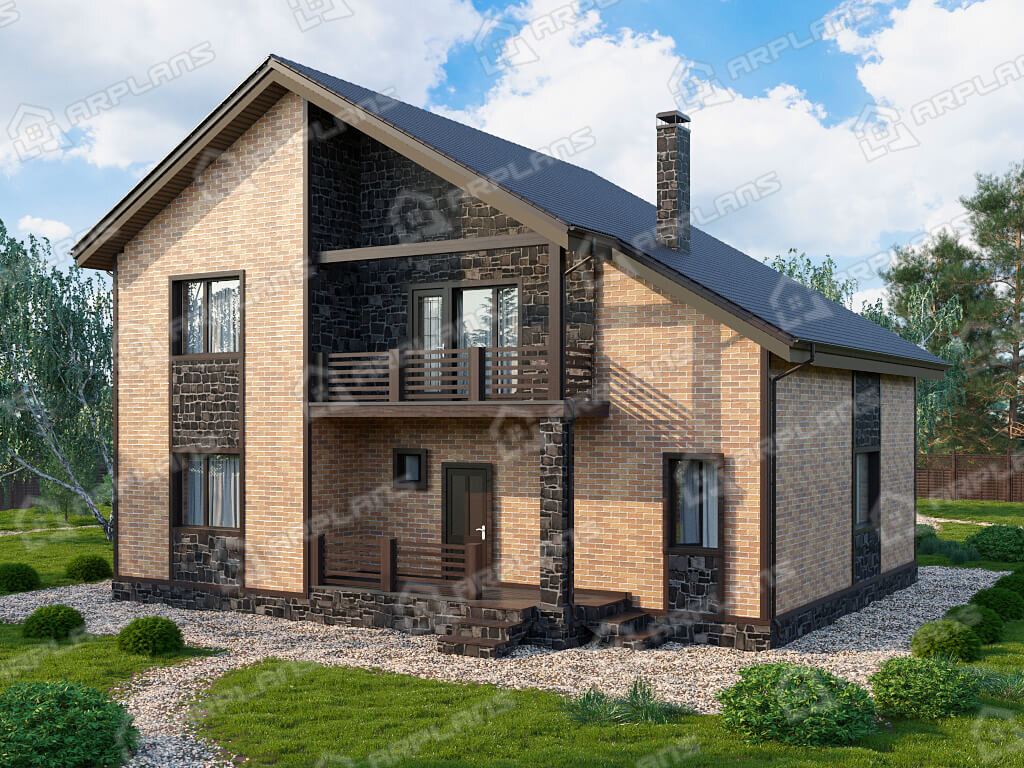 Фото 1 двухэтажного дома из газобетона с мансардой, 3 спальнями, гостевой, балконом, террасой и газовой котельной. Полезна площадь 200 кв м. Источник arplans.ru Проект К-040