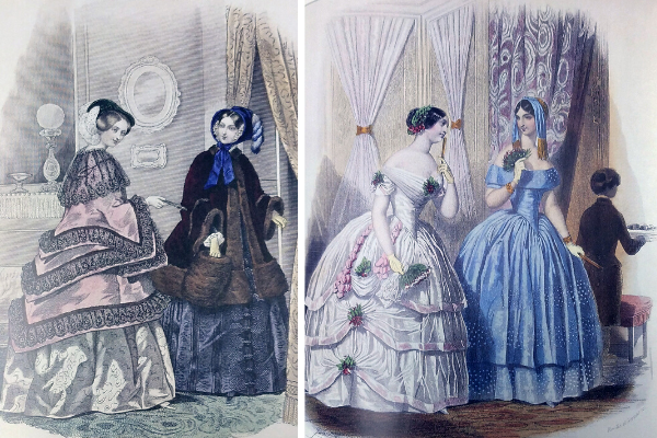 Нарядные зимние туалеты для вечернего выезда (1849). Роскошные бальные туалеты (конец 1840-х)