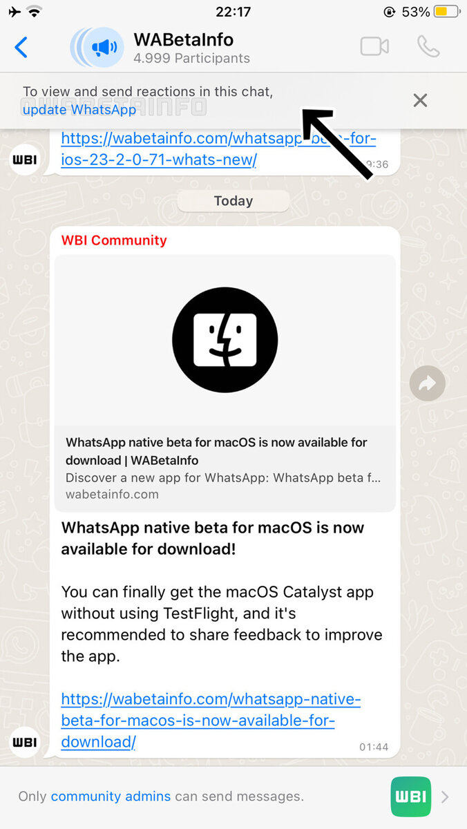    Баннер намекает на скорый запуск новой функции в WhatsApp. Перевод: «Чтобы увидеть и отправить реакции в этот чат, обновите WhatsApp». Фото: wabetainfo.com