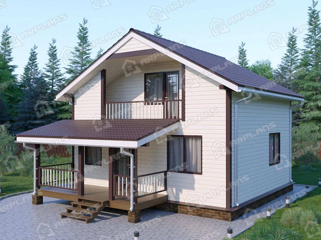 Фото 1 двухэтажного каркасного дома с мансардой, 3 спальнями, балконом и террасой. Общая площадь 107 кв м. Источник arplans.ru Проект И-024 