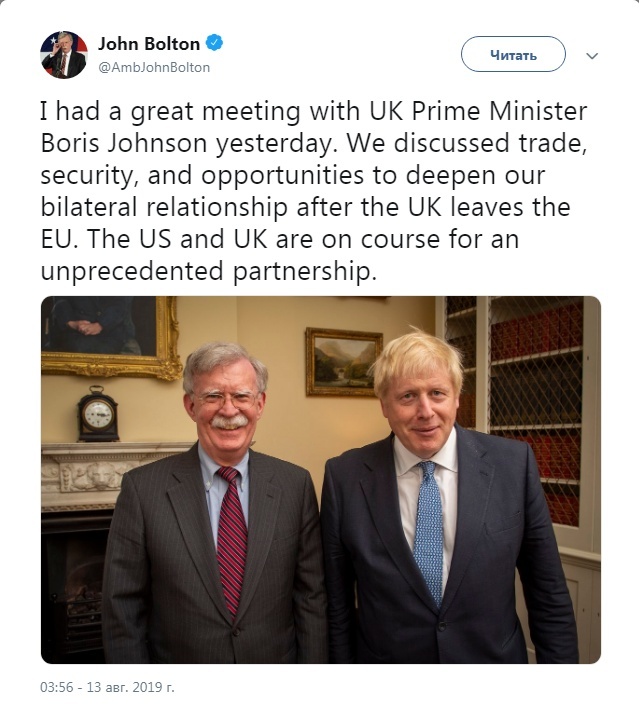 Джон Болтон в Twitter о переговорах с Борисом Джонсоном