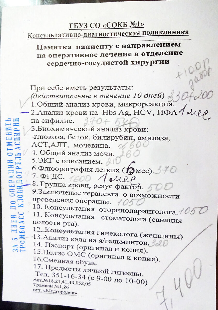 Назначенные анализы. Карандашиком проставлена примерная стоимость.