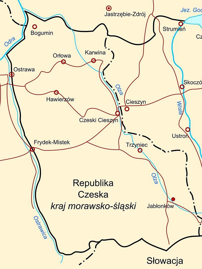 Современная карта Чешской Силезии (бывшей Тешинской области). В разные периоды конфликта чехословацкие и польские войска занимали территорию между реками Острава, Олза и Висла. Основные споры шли за район между реками Острава и Олша (Ользья - разные транскрипции в разных источниках).