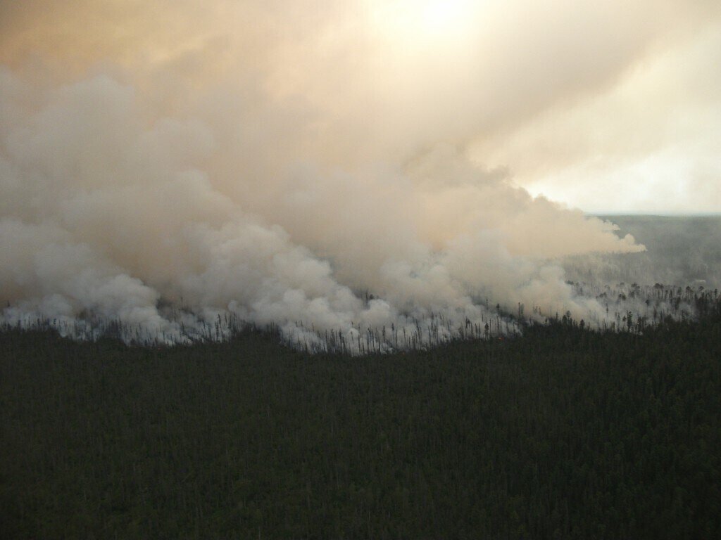 Так выглядит обнаруженный лесной  пожар с борта самолёта. Парашютные группы готовятся к десантированию на локализацию и устранение очага.
