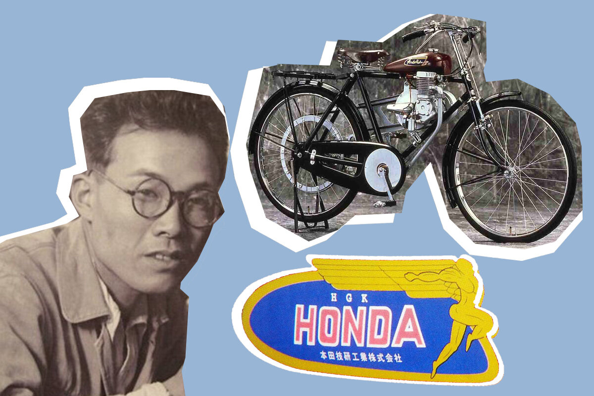 Соитиро Хонда в 1948 году и его первый серийный мопед Honda Type A