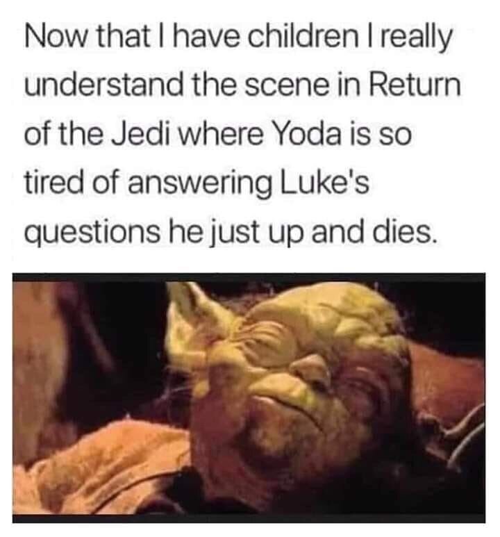 Теперь, когда у меня есть дети, я по-настоящему понимаю сцену в «Возвращении джедая», где Йода так устал отвечать на вопросы Люка, что просто берет и умирает.