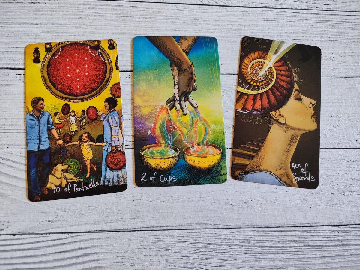 Первый вариант. 10 пентаклей, 2 кубков, Туз мечей