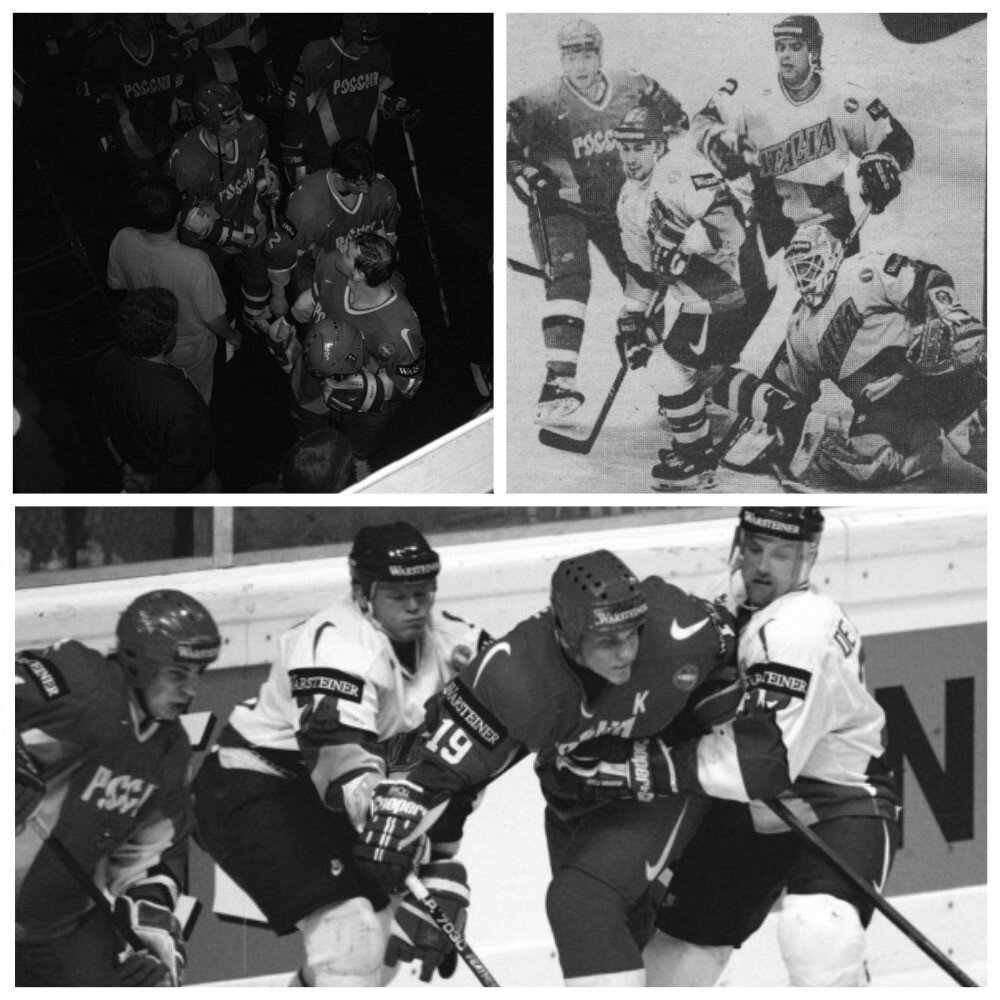 Вверху слева: сборная России выходит из раздевалки на матч со сборной Италии. Вверху справа: Сергей Брылин (№21) пытается прорваться на «пятачок» у ворот Дэвида Дельфино через «заслон» Лэрри Руччина (№26) и Боба Нарделлы (№7). Внизу:Марио Читаррони (№24) и Майк Де Анжелис (№37) пытаются сдержать Алексея Яшина (№19). Коллаж автора. Фото взяты из открытого источника Яндекс.Картинки