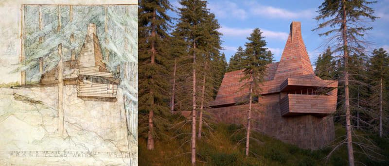 Дом Mr. and Mrs. E.A. Smith house в Калифорнии / 1922 – эскиз - Frank Lloyd Wright / визуализация by David Romero.  Дом никогда не был построен.