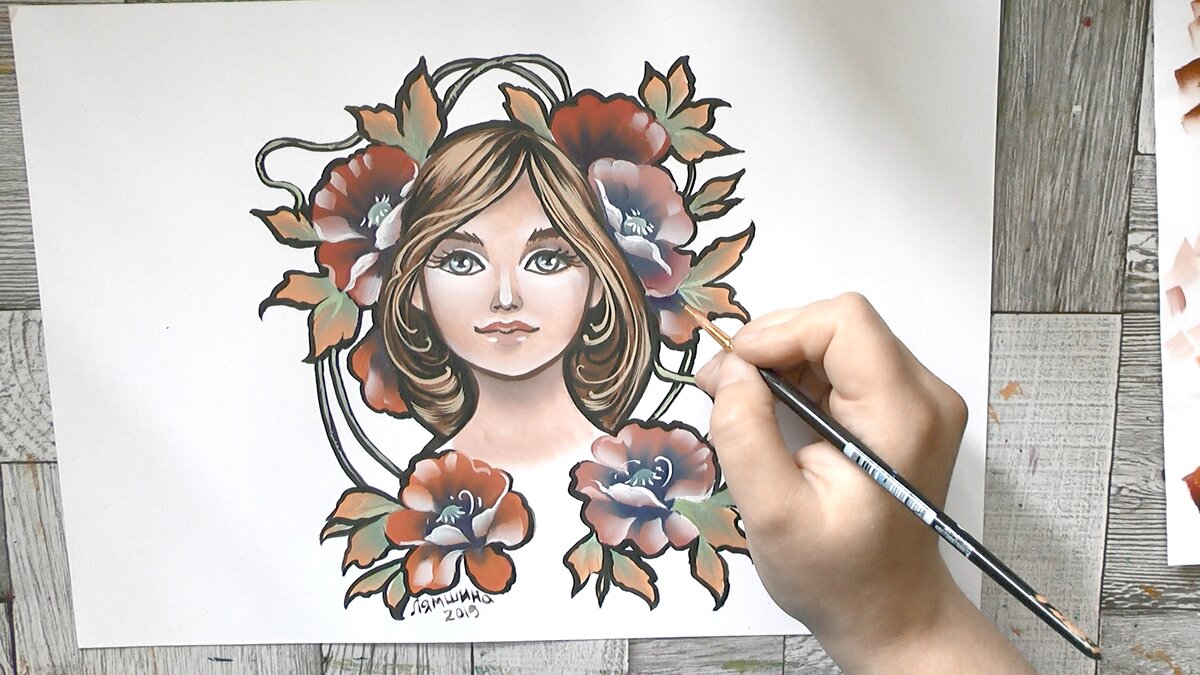 Ирина Лямшина. "Девушка с маками", бумага, темпера