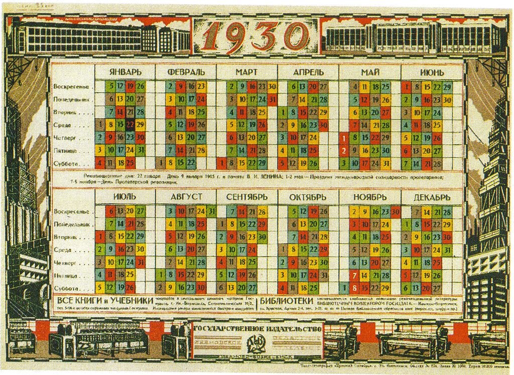 Табель-календарь на 1930 год. В нем присутствует деление на 7-дневную неделю, цветами указана периодичность 5-дневных недель.