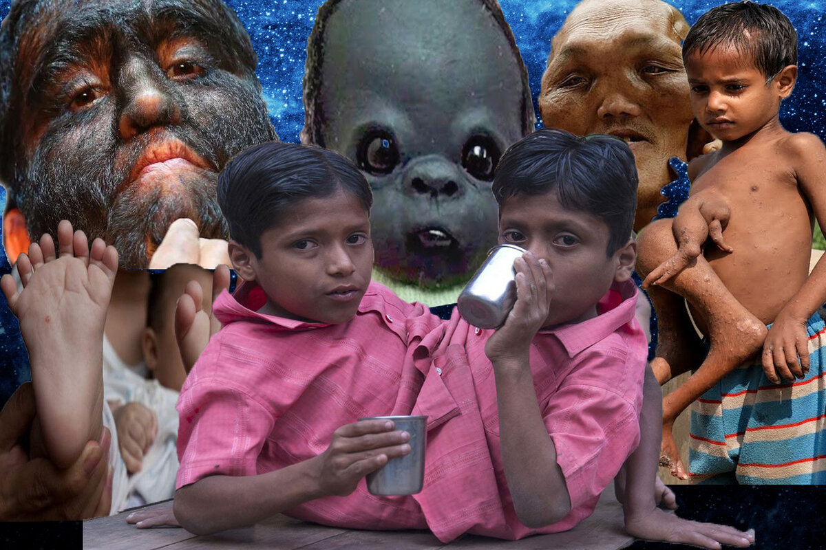 Коллаж из фотографий людей с мутациями из Индии.