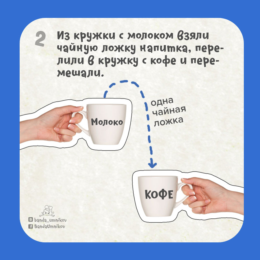 Молока больше чем надо. Задания для Кружка. Чего больше кофе в молоке или молока в кофе. Задачка молоко в кофе или кофе в молоко. Задачка про кофе и молоко.