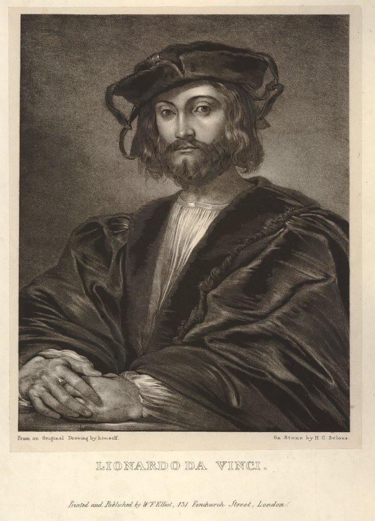 "Портрет Леонардо да Винчи в молодости". Литография. 1820-1830-е гг. Гравер H. C. Selous. В подписи указано, что гравюра выполнена по оригинальному автопортрету да Винчи, однако этот образец ныне неизвестен.