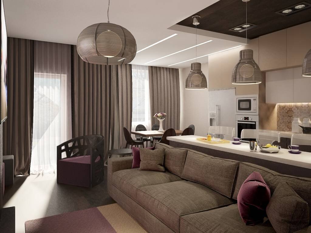 Классический бежево-коричневый интерьер квартиры – гостиная, столовая, кухня