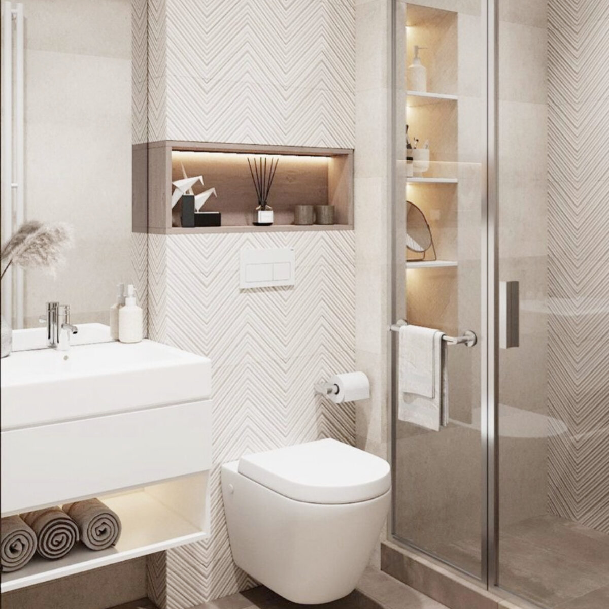 Мебель для ванной в современном стиле. Подвесная тумба, инсталляция, душевая кабина.