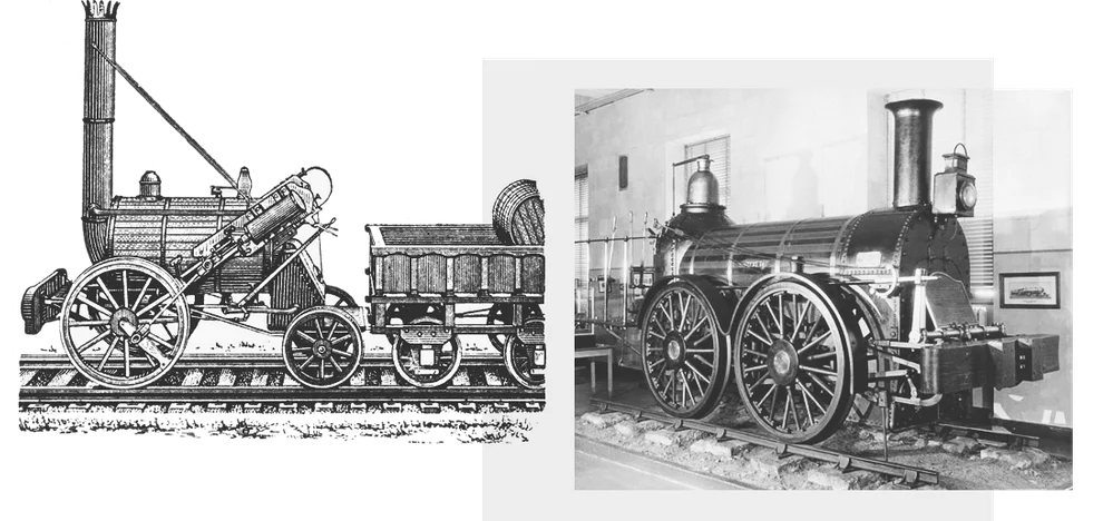 Паровоз («Ракета»), построенный в 1829 году, ставший основным локомотивом одной из первых общественных дорог Манчестер — Ливерпуль.