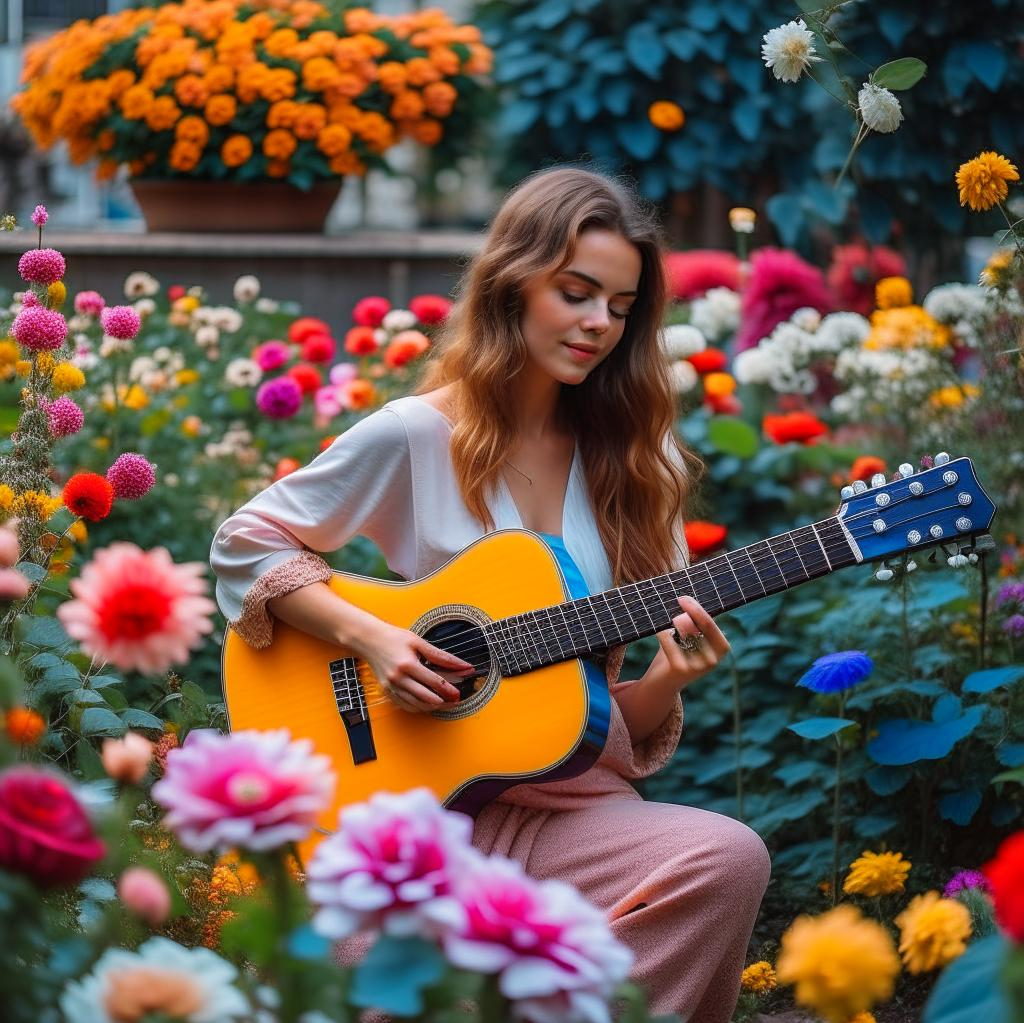 Собирательный образ счастливой женщины с гитарой и цветами в огороде  от нейросети Кандинский🌞