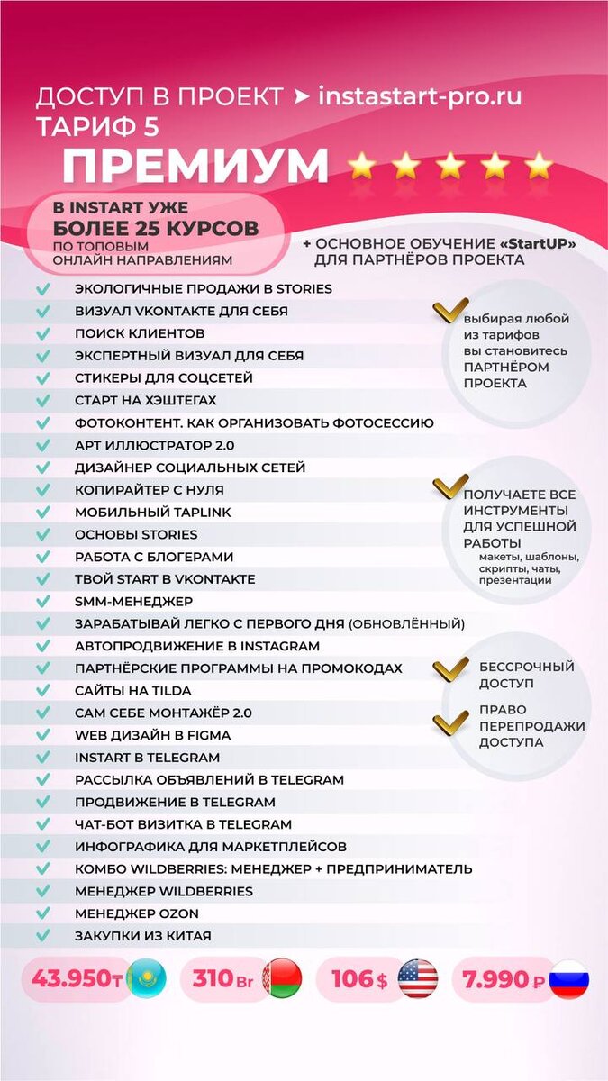 В проекте разные виды доступа и тарифы. Это самый полный тариф ПРЕМИУМ. Цена доступа - 7990 рублей. Покупаете один раз, все обновления бесплатно!