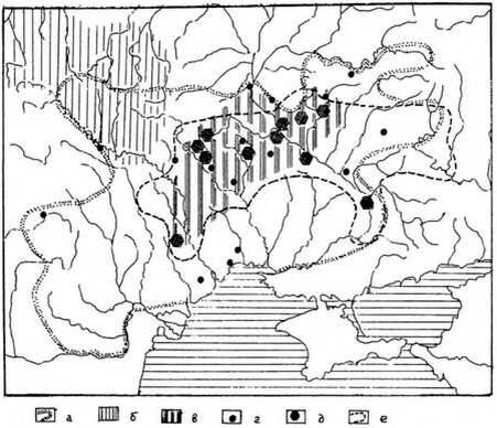 Этнокультурная ситуация в Северном Причерноморье в конце IV — начале V в. а — граница территории Черняховской культуры; б — общий ареал пшеворской культуры; в — ареал антов (Подольско-Днепровский регион Черняховской культуры); г — памятники Черняховской культуры конца IV — начала V в.; д — раннепеньковские памятники; е — граница распространения пеньковской культуры V–VII вв. 
Источник: https://historylib.org/historybooks/V--V--Sedov_Slavyane--Istoriko-arkheologicheskoe-issledovanie/16