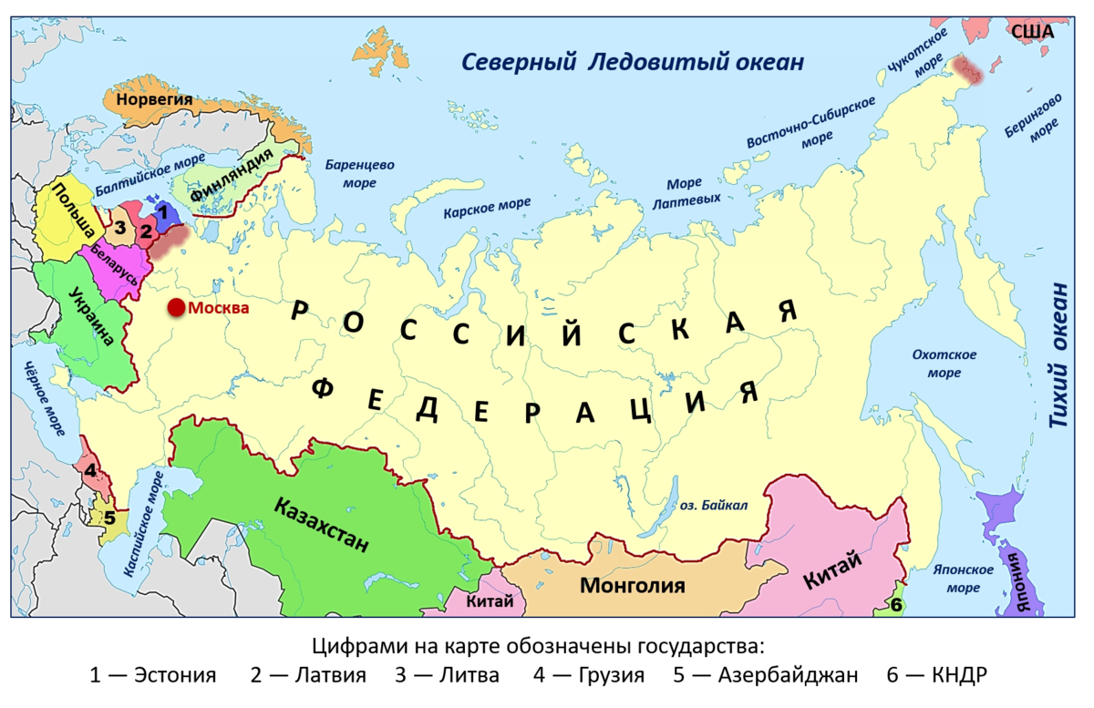 17 млн кв км. Карта России и соседних государств с границами. Границы России на карте и соседи. Карта Российской Федерации с границами других государств. Государства граничащие с РФ на карте.