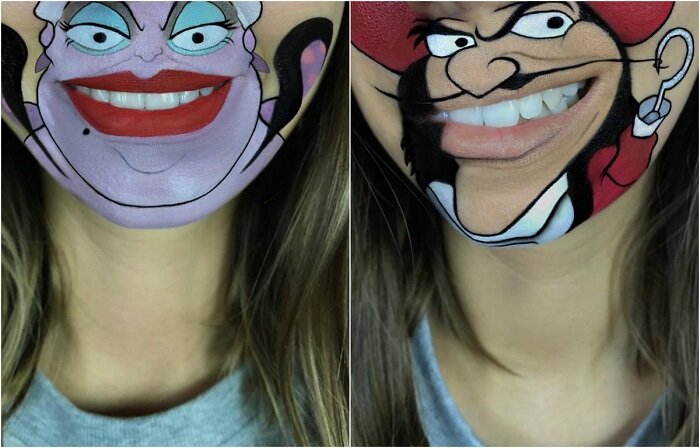  
Мультипликационные герои, которые созданы Лаурой Дженкинсон (Laura Jenkinson) с помощью косметики, сценического грима, помад...
Лора Дженкинсон, мейкапер из Лондона, показала миру, как можно удивительным образом совмещать макияж и живопись. Она использует помады и грим, чтобы нарисовать на губах и нижней части лица удивительные рисунки – популярных персонажей мультфильмов. И, судя по количеству подписчиков в её инстаграме, количество тех, кто хотел бы попробовать подобный креативный макияж, вполне приличное.
